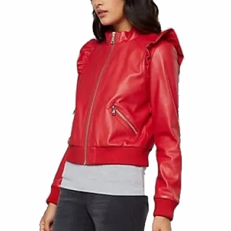 Women's Red Leather Bomber Jacket - AMSEL LEATHERS