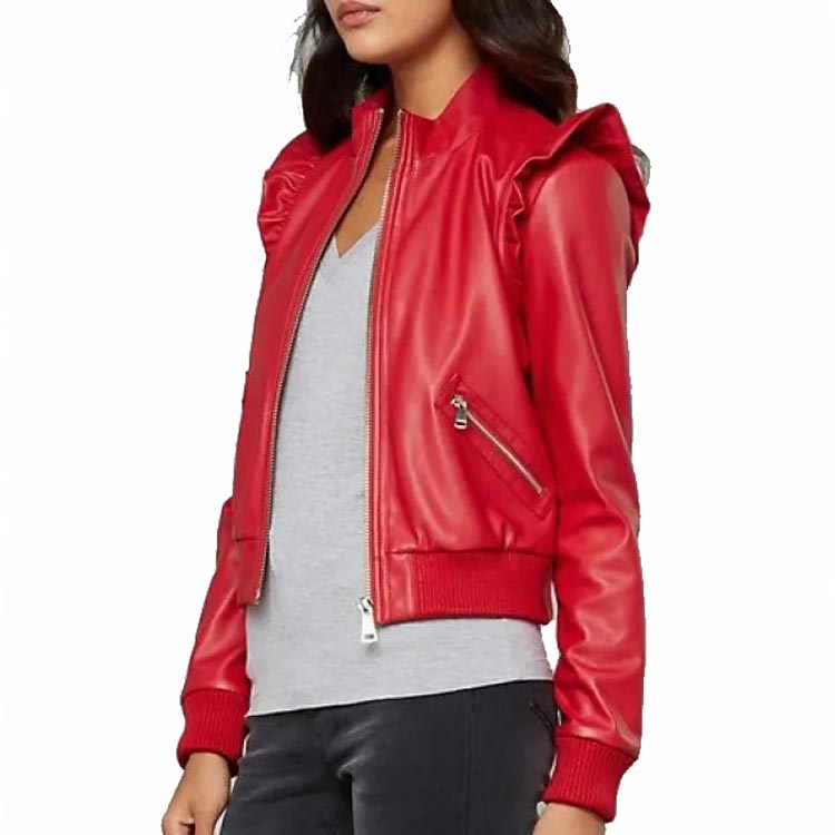 Women's Red Leather Bomber Jacket - AMSEL LEATHERS