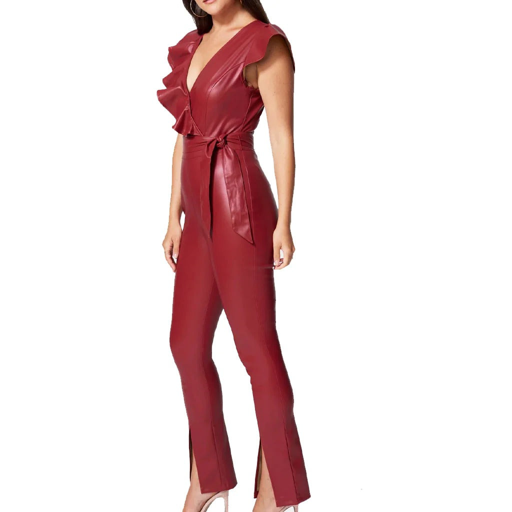 Women's Ruffle Detailed Leather Jumpsuit - AMSEL LEATHERS