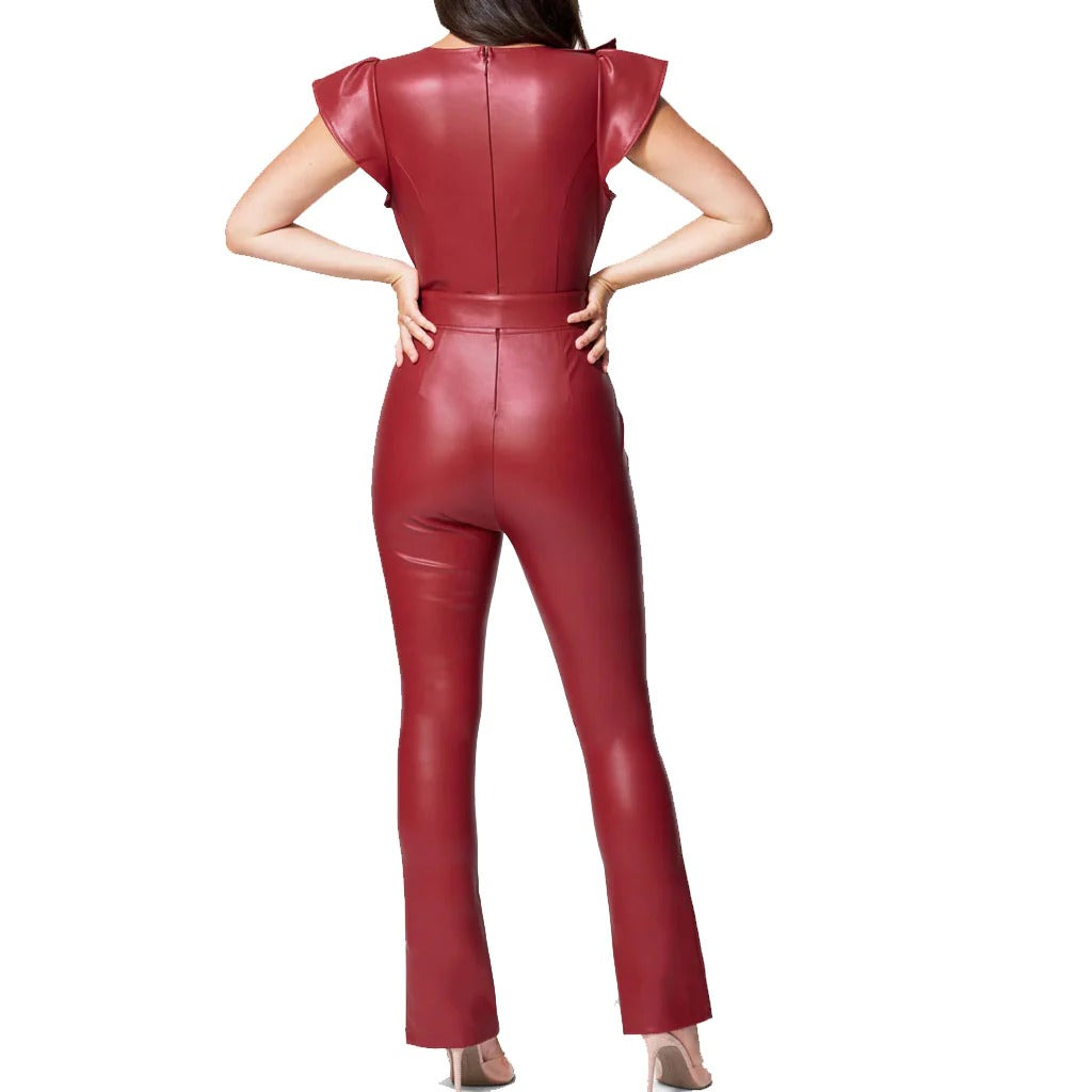 Women's Ruffle Detailed Leather Jumpsuit - AMSEL LEATHERS