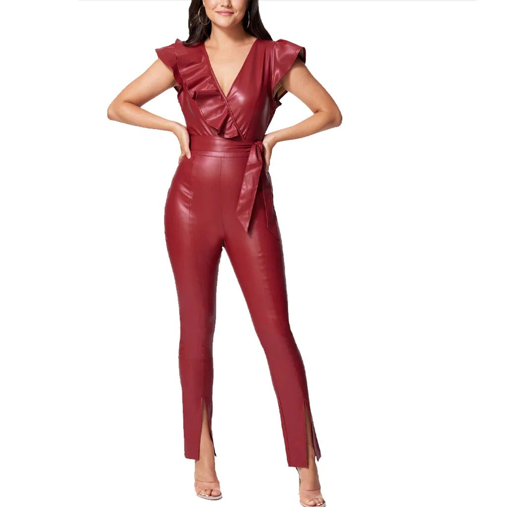 Women's Ruffle Detailed Leather Jumpsuit - AMSEL LEATHERS