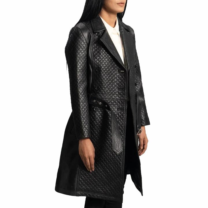 Women's Stylish Black Leather Quilted Trench Coat - AMSEL LEATHERS