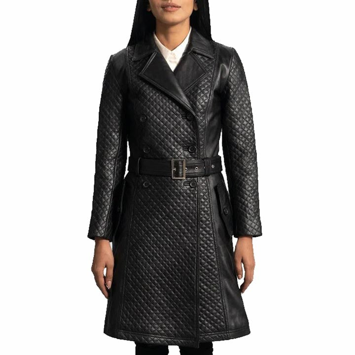 Women's Stylish Black Leather Quilted Trench Coat - AMSEL LEATHERS