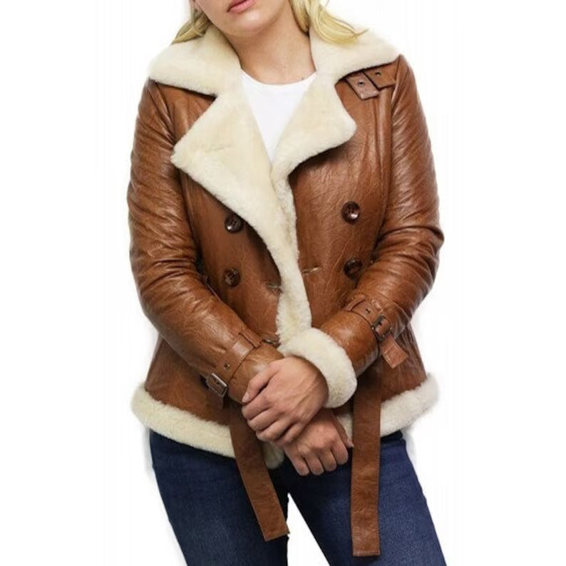 Women's Tan B3 Shearling Bomber Jacket Sheepskin Aviator Flying Jacket - AMSEL LEATHERS