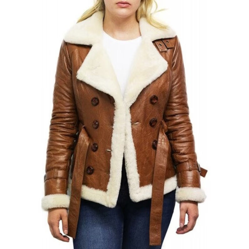 Women's Tan B3 Shearling Bomber Jacket Sheepskin Aviator Flying Jacket - AMSEL LEATHERS