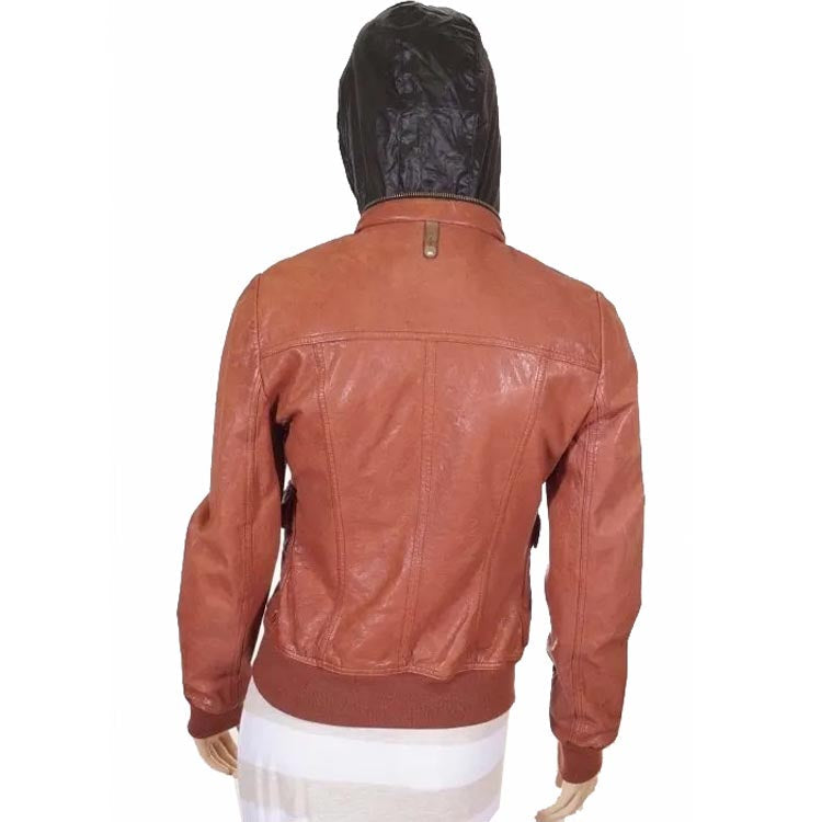 Women's Tan Brown Leather Bomber Jacket with Hood - AMSEL LEATHERS