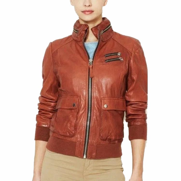 Women's Tan Brown Leather Bomber Jacket with Hood - AMSEL LEATHERS