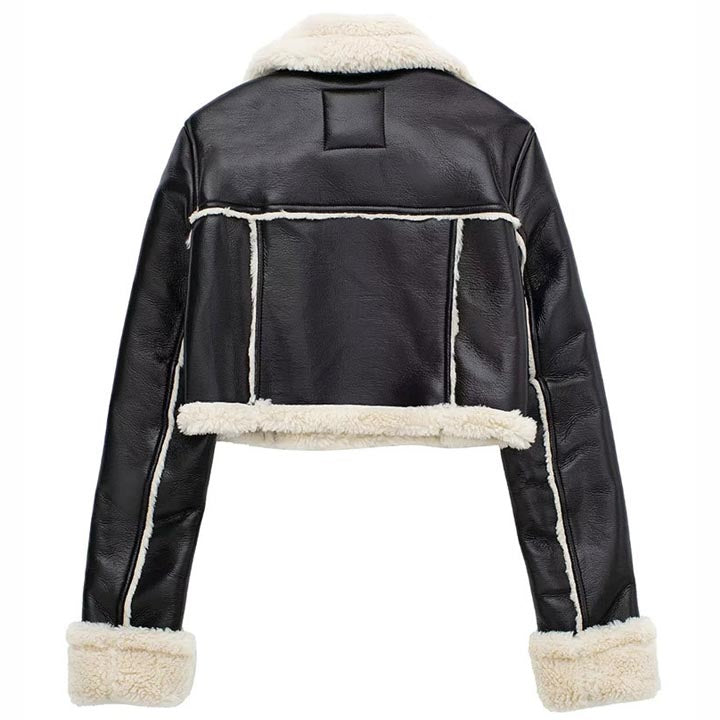 Women's Vintage Black Shearling Cropped Jacket Coat - AMSEL LEATHERS