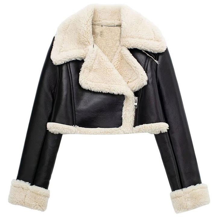 Women's Vintage Black Shearling Cropped Jacket Coat - AMSEL LEATHERS