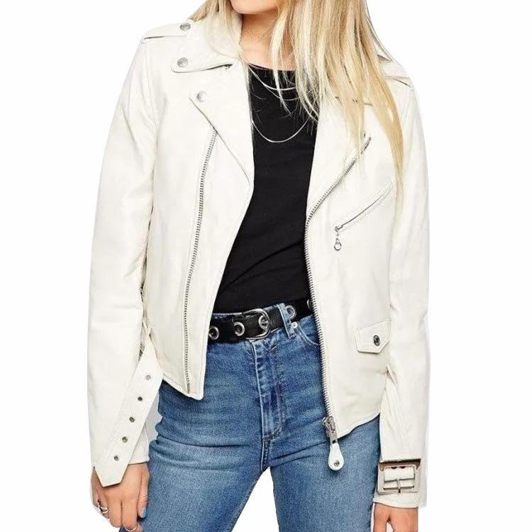 Women's White Leather Biker Jacket - AMSEL LEATHERS