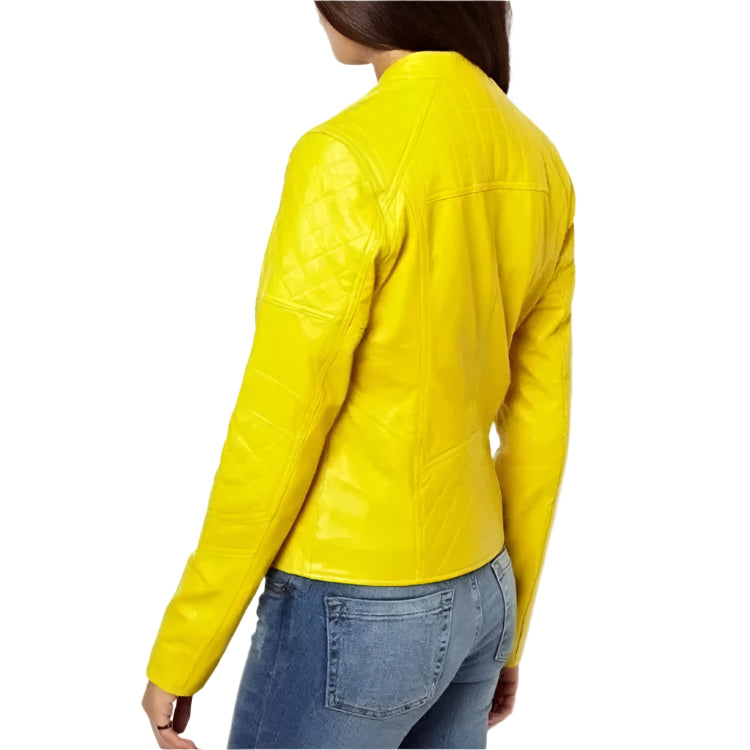 Women's Yellow Biker Leather Jacket - AMSEL LEATHERS