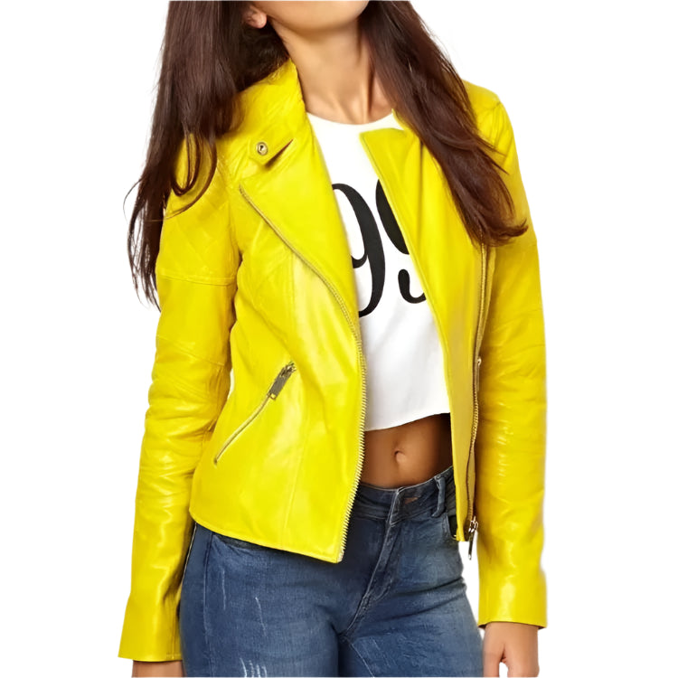 Women's Yellow Biker Leather Jacket - AMSEL LEATHERS