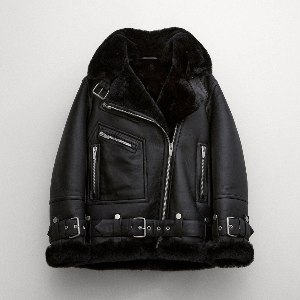 • black womens b3 shearling jacket front view
