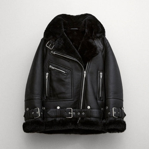• black womens b3 shearling jacket front view
