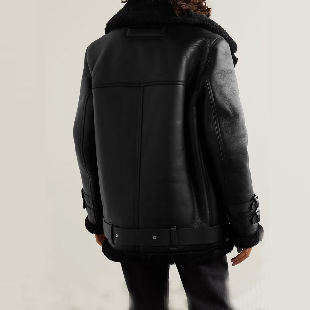 • black aviator jacket shearling collar close up

