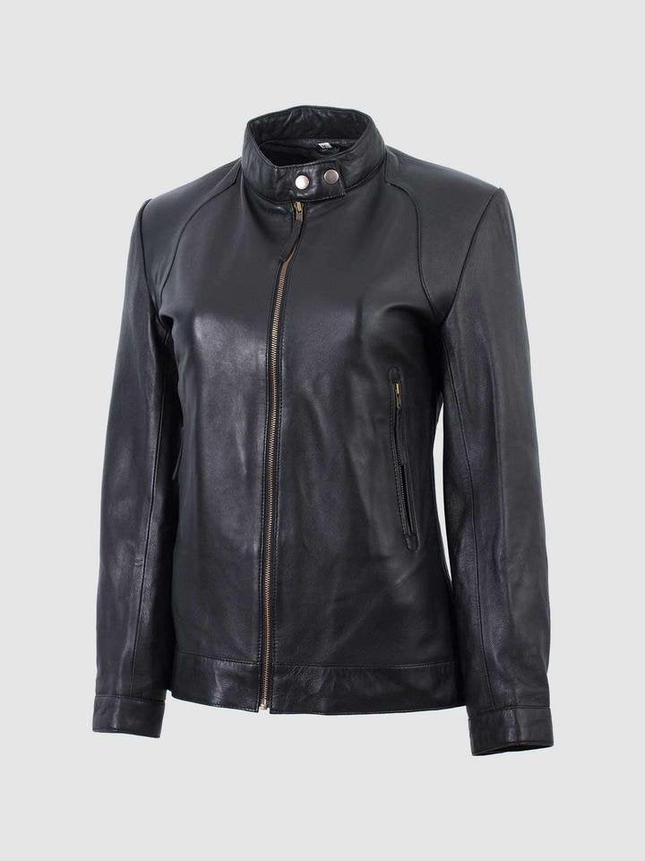 Women's Black Band Collar Biker Leather Jacket - AMSEL LEATHERS