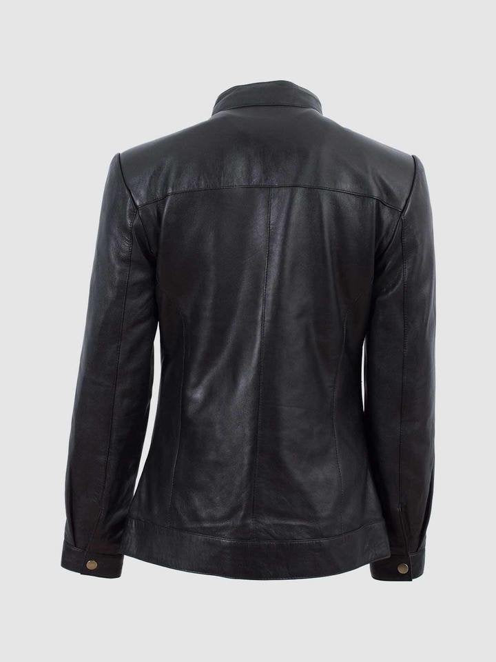 Women's Black Band Collar Biker Leather Jacket - AMSEL LEATHERS