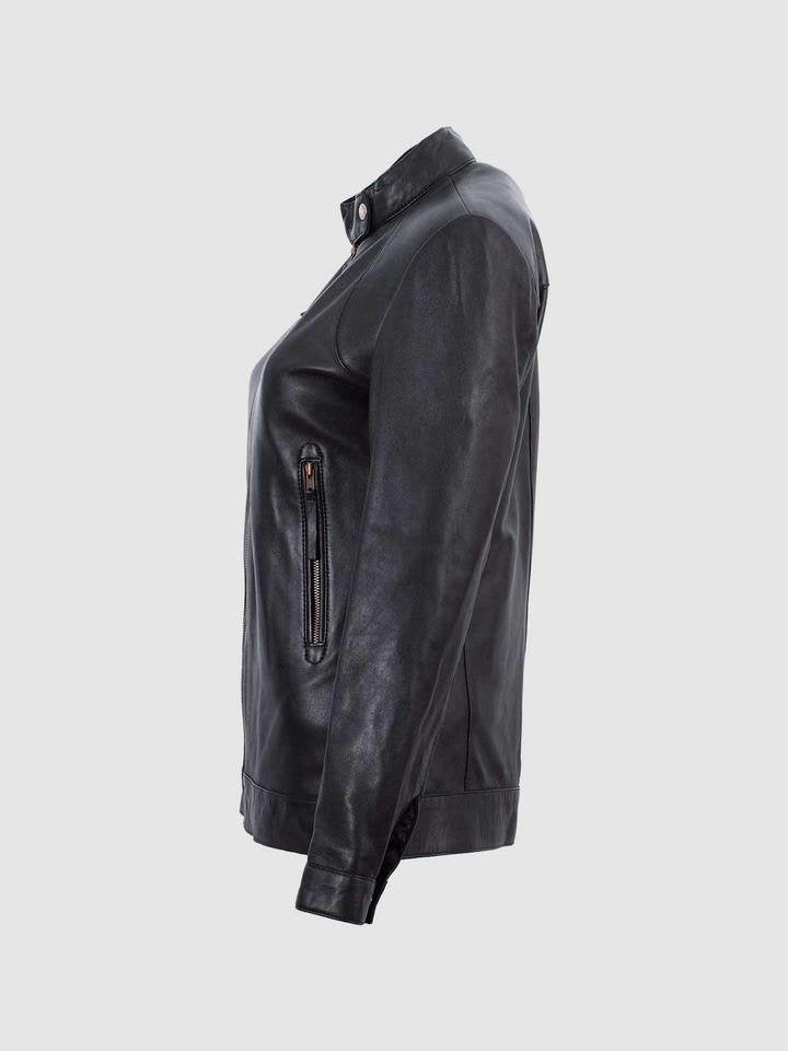 Women's Black Band Collar Biker Leather Jacket - AMSEL LEATHERS