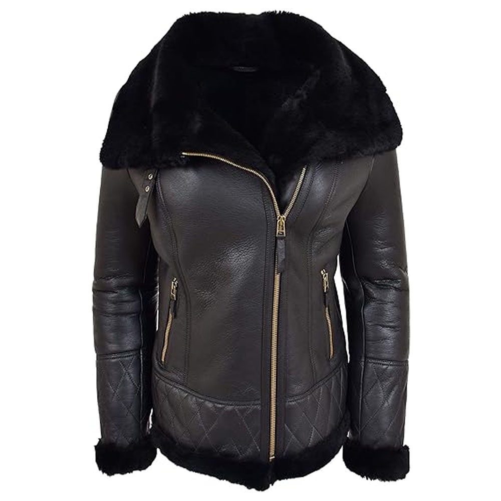 Women's Black Double Face Merino Shearling Aviator Coat - AMSEL LEATHERS