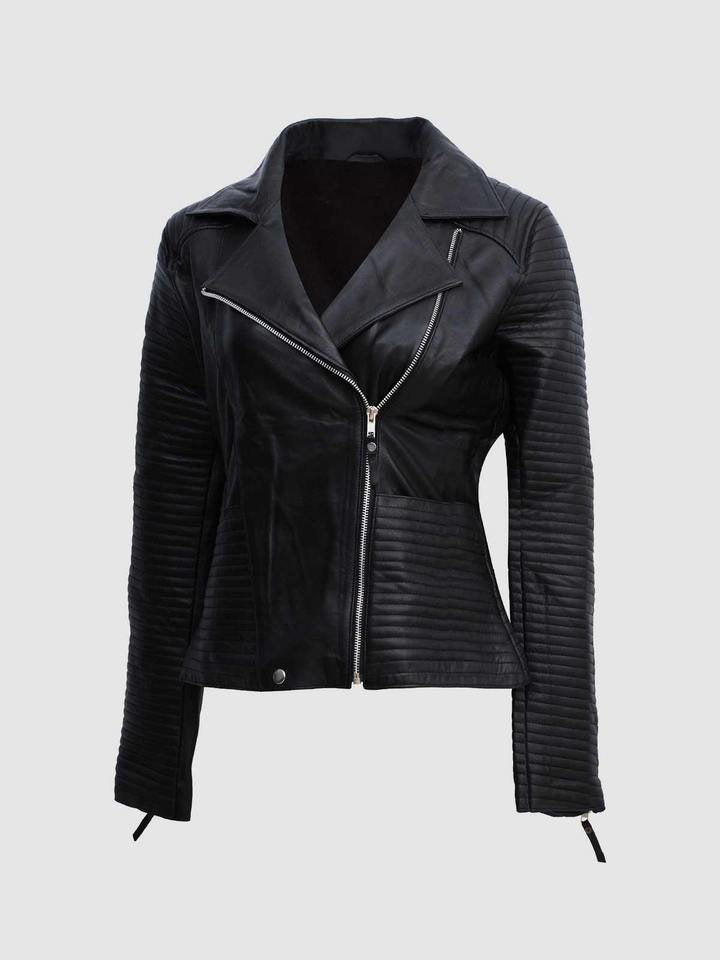 Women's Black Zipper Biker Jacket with Lip Collar - AMSEL LEATHERS