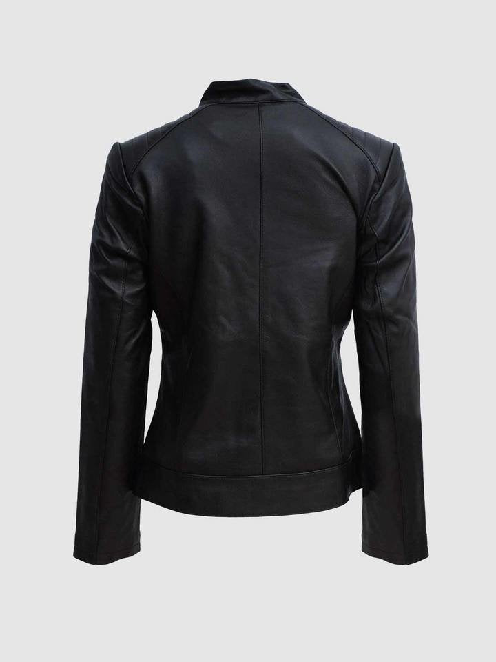 Women's Black Zipper Biker Jacket with Lip Collar - AMSEL LEATHERS