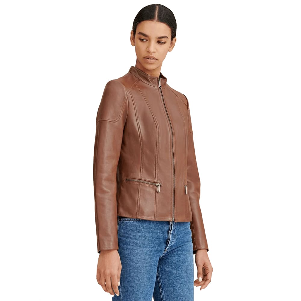 Women's Brown Leather Biker Jacket - Mandarin Collar Style - AMSEL LEATHERS