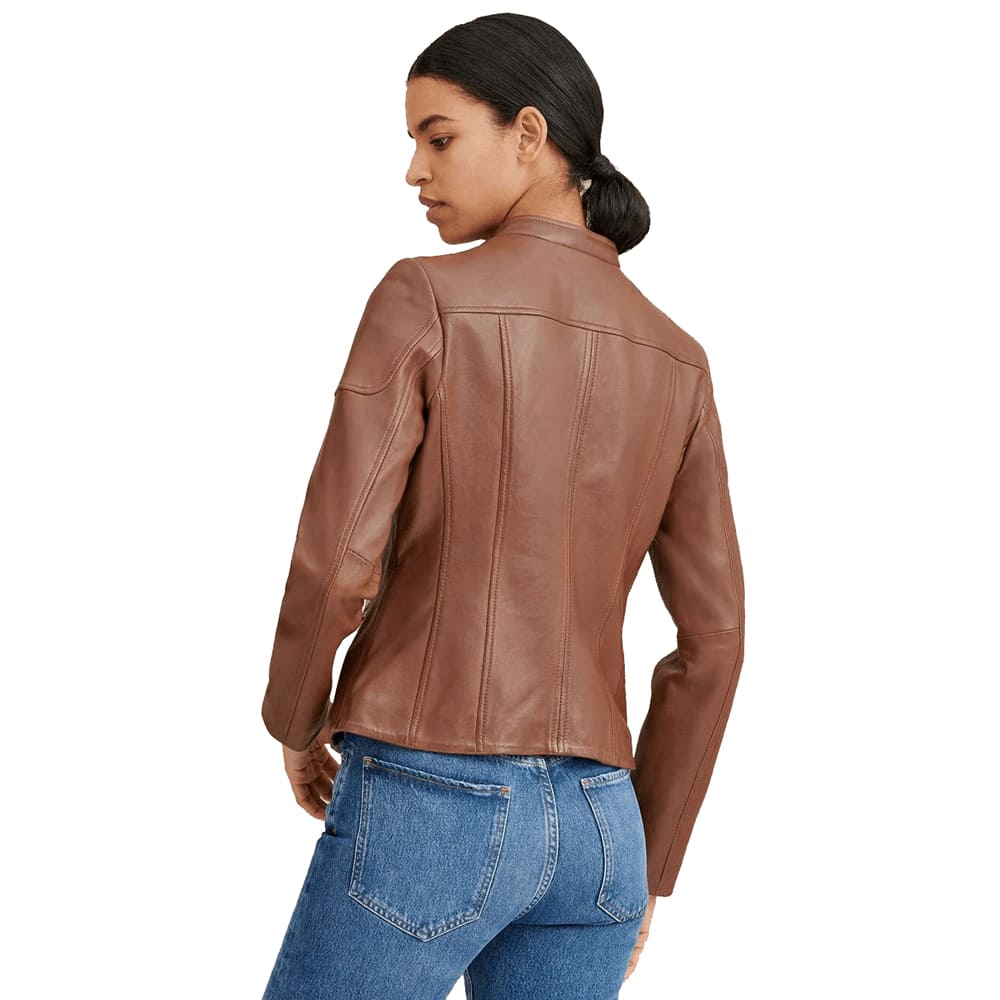 Women's Brown Leather Biker Jacket - Mandarin Collar Style - AMSEL LEATHERS