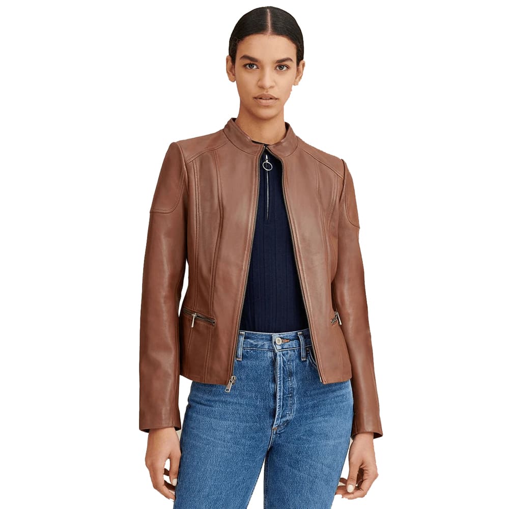 Women's Brown Leather Biker Jacket - Mandarin Collar Style - AMSEL LEATHERS