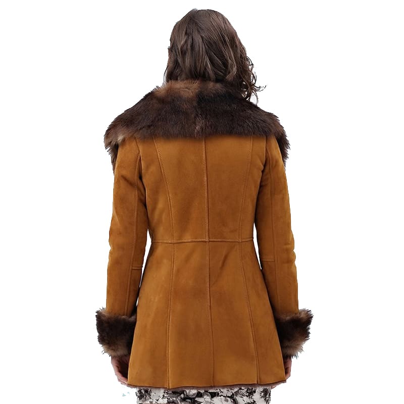 Women's Brown Merino Shearling Sheepskin Coat with Fur Collar - AMSEL LEATHERS