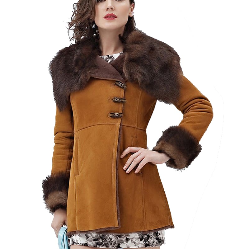 Women's Brown Merino Shearling Sheepskin Coat with Fur Collar - AMSEL LEATHERS