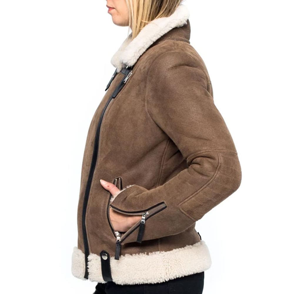 Women's Brown Shearling Aviator Jacket - AMSEL LEATHERS