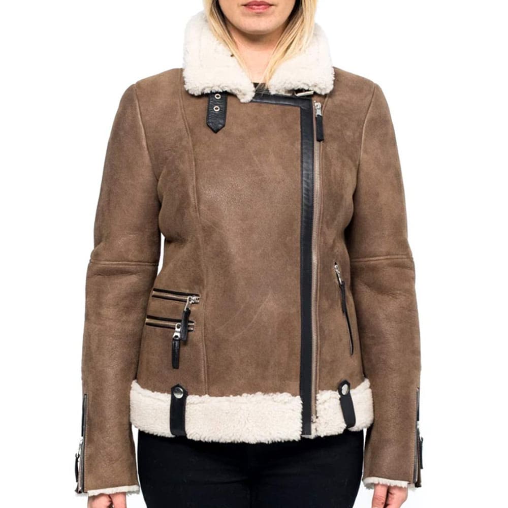 Women's Brown Shearling Aviator Jacket - AMSEL LEATHERS