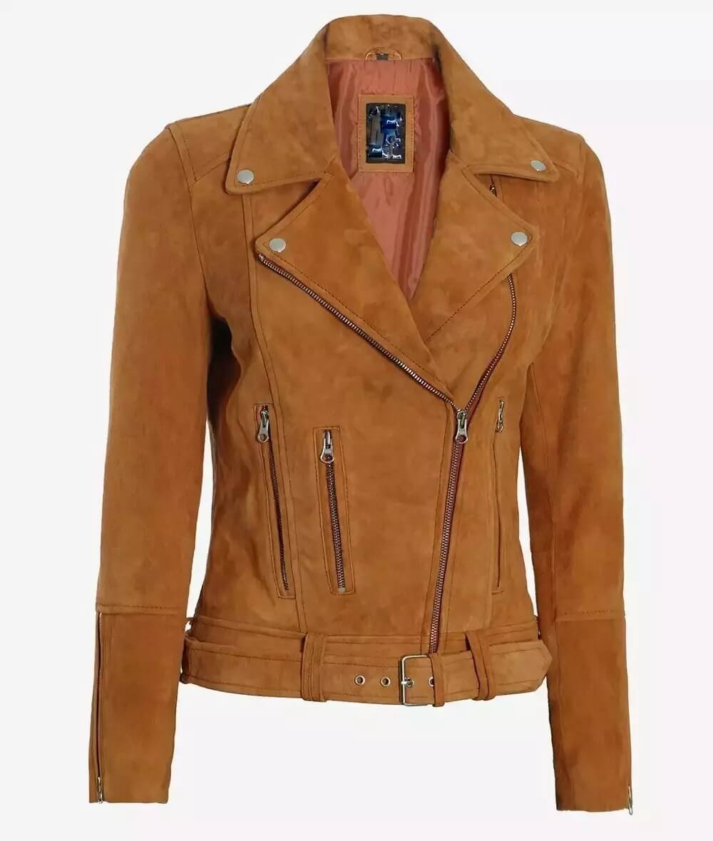 Women’s Brown Suede Leather Biker Jacket - AMSEL LEATHERS