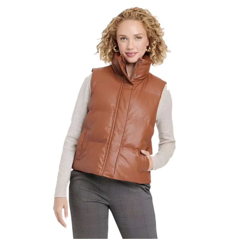 Women's Full Zipper Tan Brown Leather Casual Puffer Vest - AMSEL LEATHERS