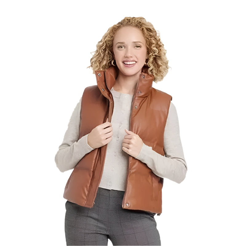 Women's Full Zipper Tan Brown Leather Casual Puffer Vest - AMSEL LEATHERS