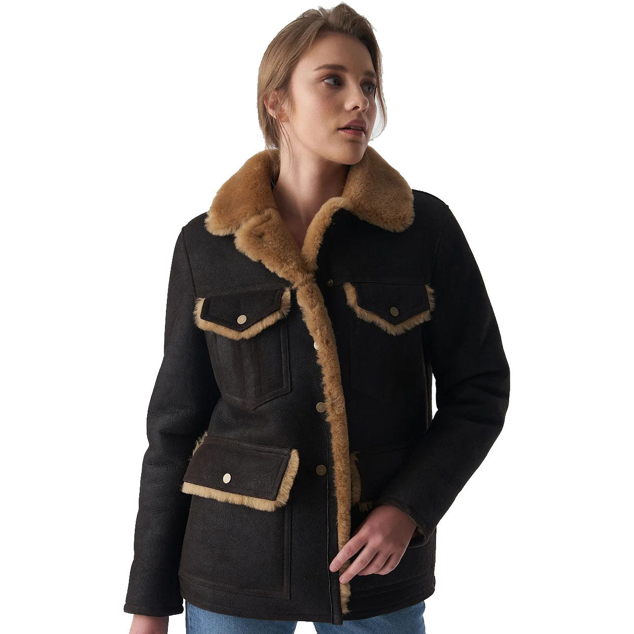 Women's Washed Brown Sheepskin Western Trucker Coat with Ginger Fur - AMSEL LEATHERS