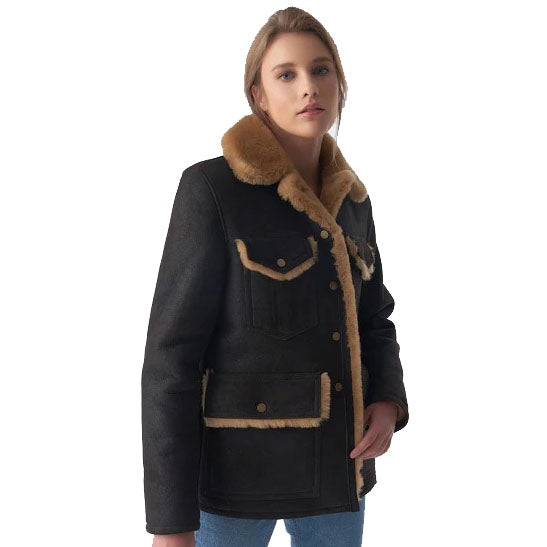 Women's Washed Brown Sheepskin Western Trucker Coat with Ginger Fur - AMSEL LEATHERS