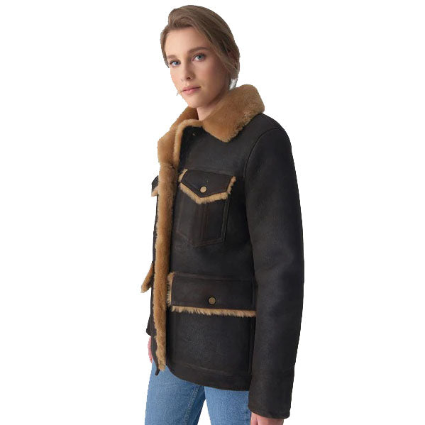 Women's Washed Brown Sheepskin Western Trucker Coat with Ginger Fur - AMSEL LEATHERS