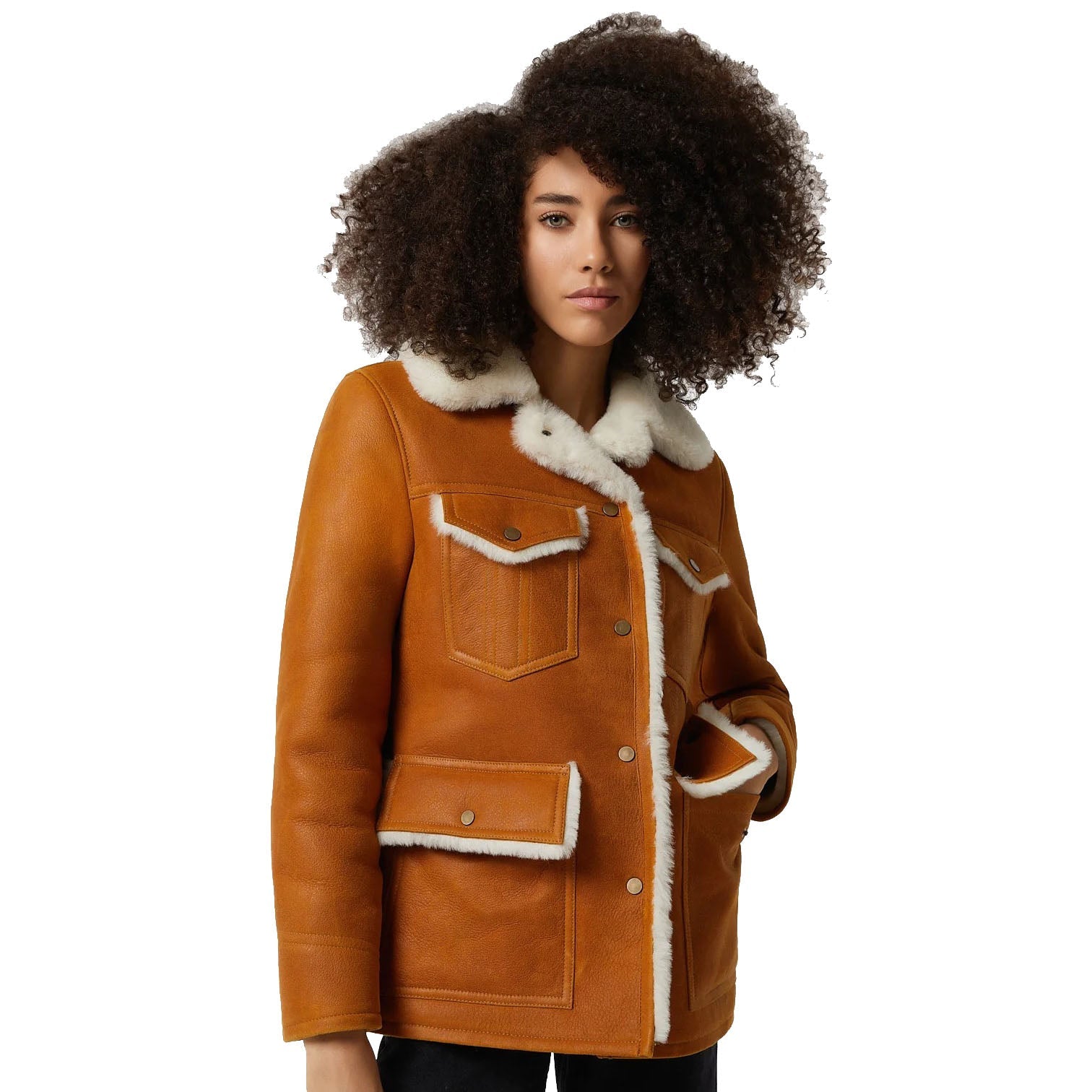 Women's Washed Tan Shearling Western Trucker Coat with White Fur - AMSEL LEATHERS