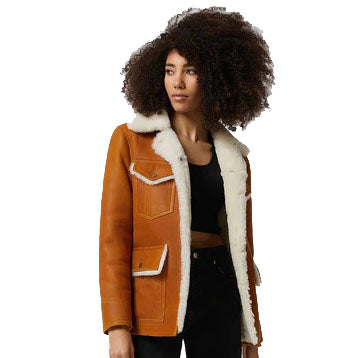 Women's Washed Tan Shearling Western Trucker Coat with White Fur - AMSEL LEATHERS