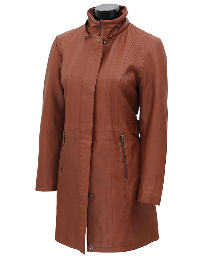 Womens 3/4 Length Brown Leather Coat With Removable Fur Hood