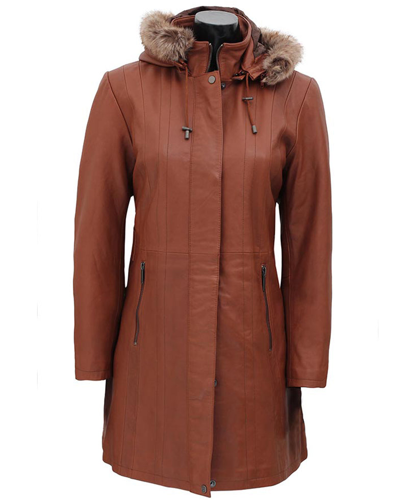 Womens 3/4 Length Brown Leather Coat With Removable Fur Hood