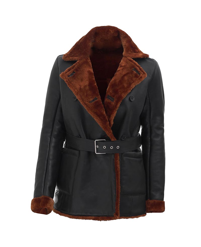 Womens Black Double Breasted 3 4 Length Shearling Leather Coat