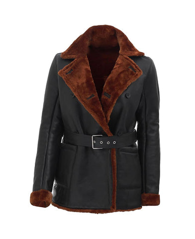 Womens Black Double Breasted 3 4 Length Shearling Leather Coat