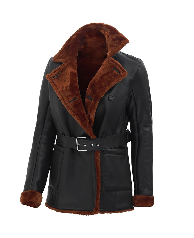 Womens Black Double Breasted 3 4 Length Shearling Leather Coat