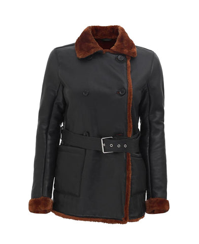 Womens Black Double Breasted 3 4 Length Shearling Leather Coat
