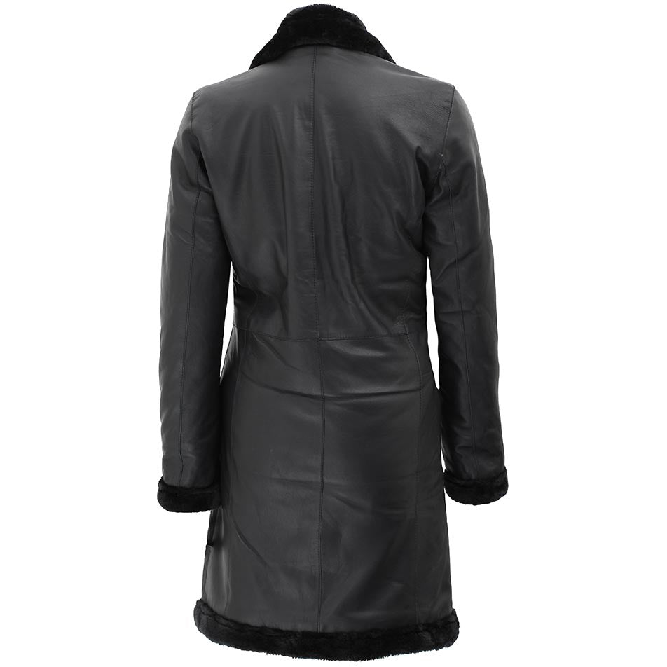 Womens Black Lambskin 3/4 Length Shearling Leather Coat