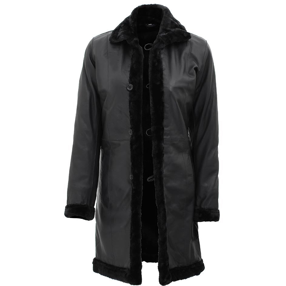Womens Black Lambskin 3/4 Length Shearling Leather Coat