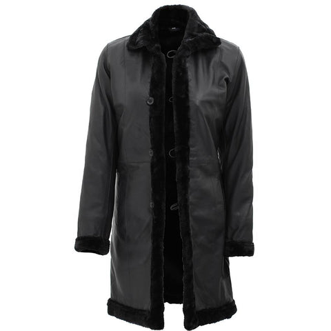 Womens Black Lambskin 3/4 Length Shearling Leather Coat