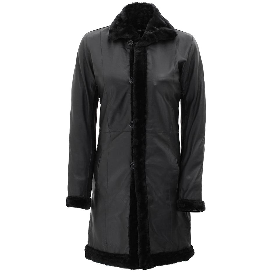 Womens Black Lambskin 3/4 Length Shearling Leather Coat